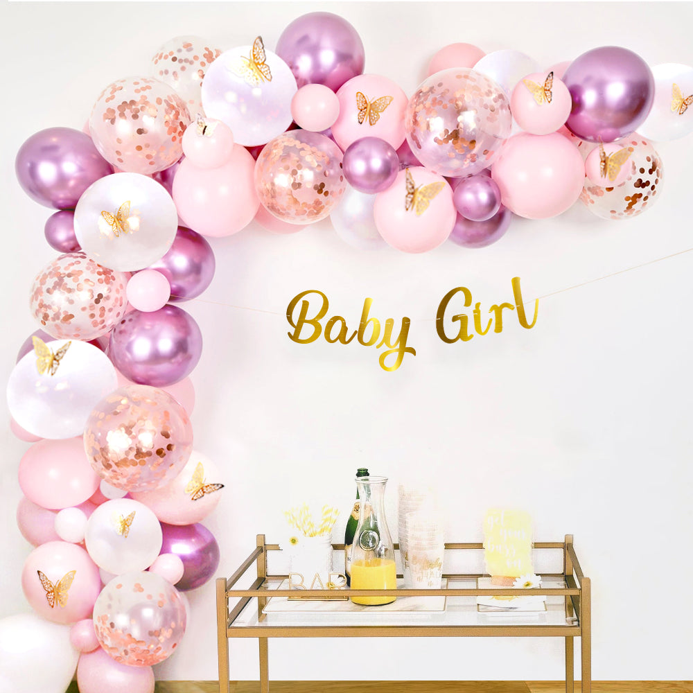 Butterfly Balloon Garland Kit with 89 Balloons in Light Pink, Rose Gold, White, and Mauve Chrome for Girl Baby Showers, Princess Floral Birthday Parties, and Maternity Photoshoots