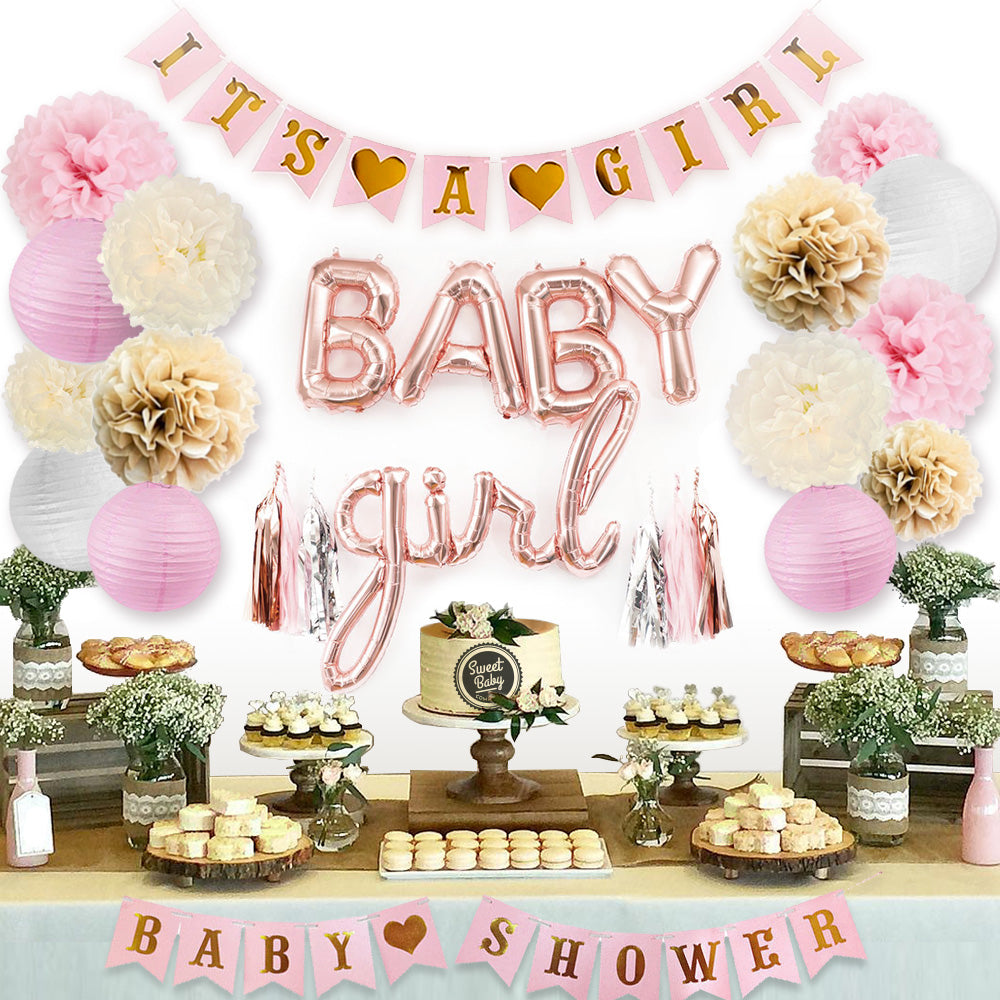 Rose Gold Baby Shower Decorations with a Banner, Lanterns, Foil Balloons, Pom Poms, and Tassels for Girl Baby Showers, Gender Reveals, and Photoshoots