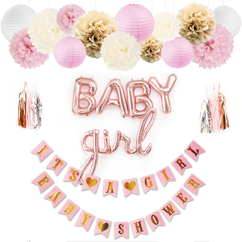 Rose Gold Baby Shower Decorations with a Banner, Lanterns, Foil Balloons, Pom Poms, and Tassels for Girl Baby Showers, Gender Reveals, and Photoshoots