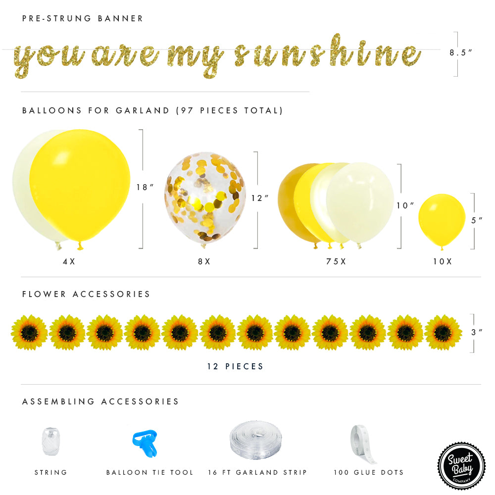 Sunflower Balloon Garland Kit with 97 Balloons in Lemon Yellow, Light Yellow, Honey Gold, and Pearl Yellow for Girl or Boy Baby Shower Decorations, Birthdays, and Bridal Showers