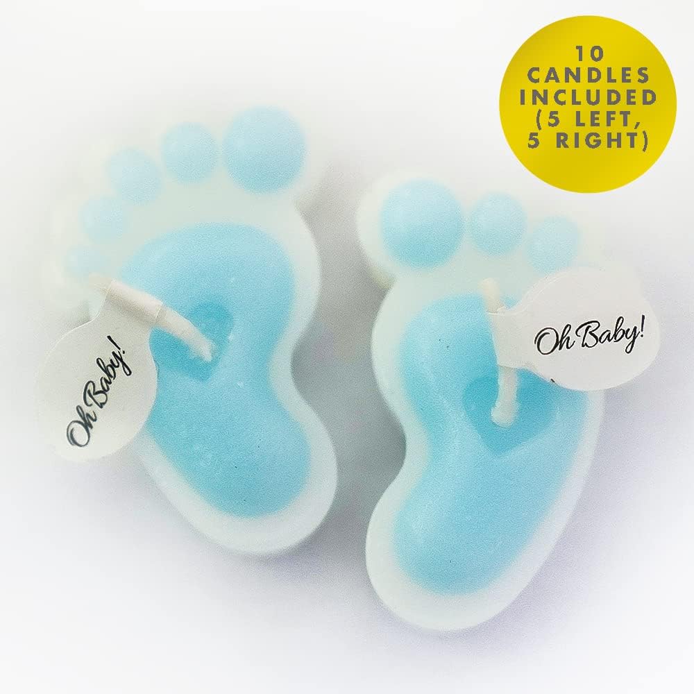 Blue Footprint Candles - Pack of 10 Small Party Favor Mini Souvenirs for Boy's Baby Shower and Baptism