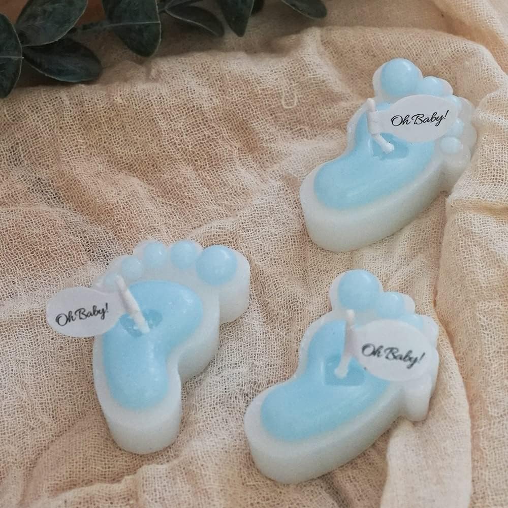 Blue Footprint Candles - Pack of 10 Small Party Favor Mini Souvenirs for Boy's Baby Shower and Baptism