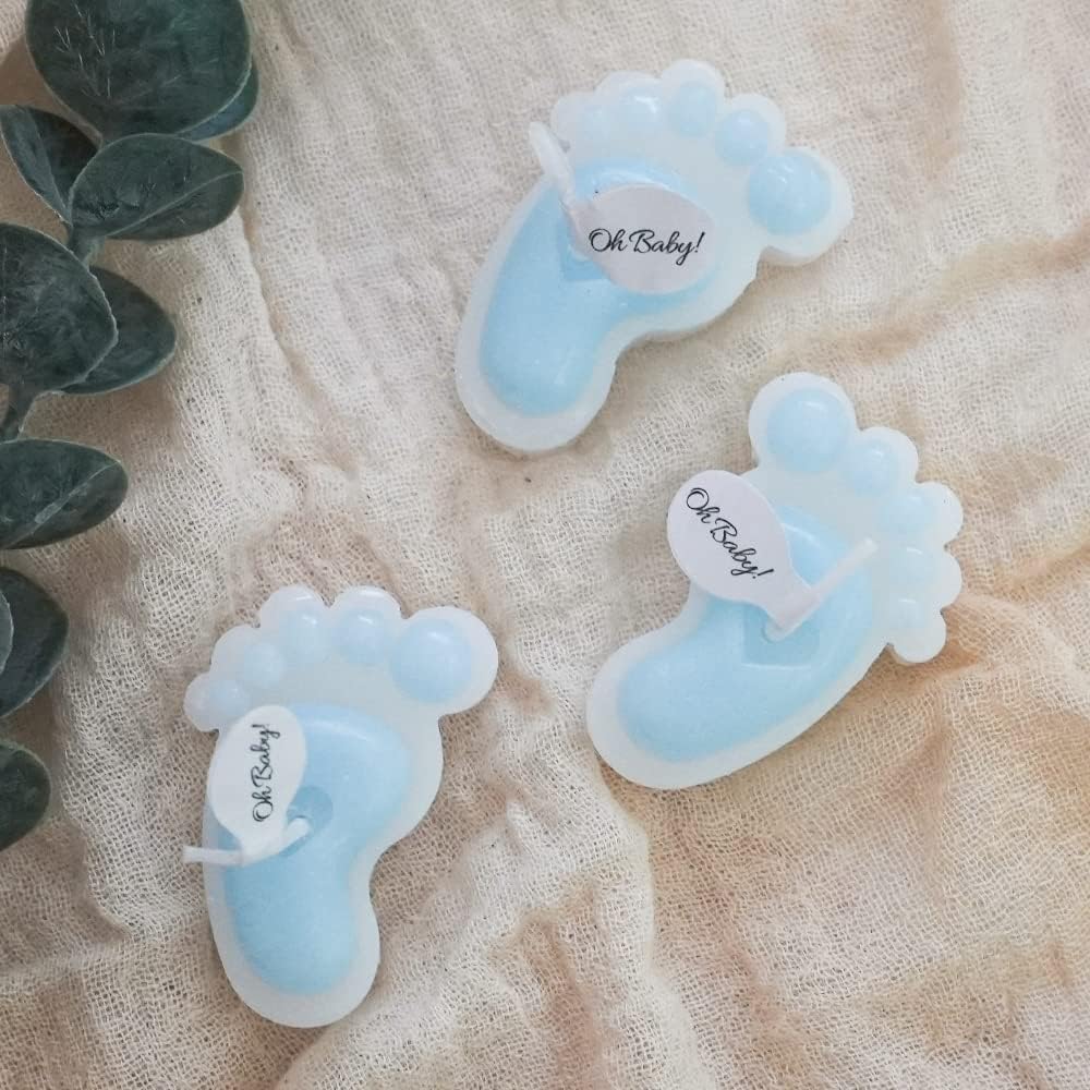 Blue Footprint Candles - Pack of 10 Small Party Favor Mini Souvenirs for Boy's Baby Shower and Baptism