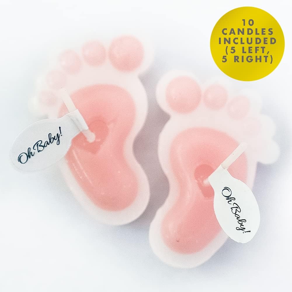 Pink Footprint Candles - Pack of 10 Small Party Favor Mini Souvenirs for Girl's Baby Shower, Baptism, and Bridal Showers