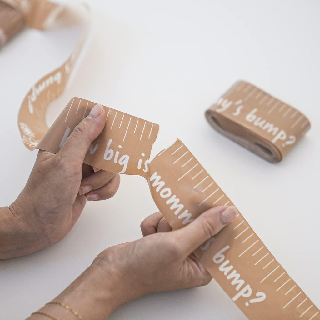 Gender-Neutral Baby Shower Tummy Measuring Game with 2 Rolls of Soft Muted Brown Tape for Girl or Boy Baby Shower Celebration