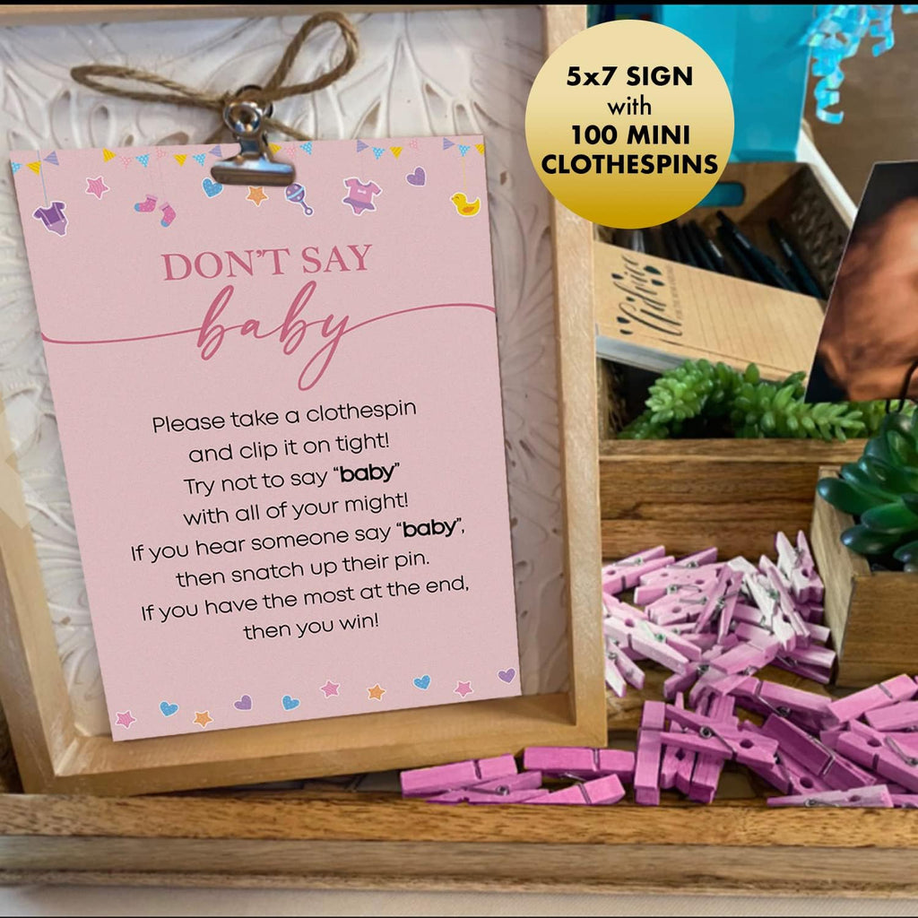 Baby Girl Shower Games Bundle with 10 Fun Games, 25 Pens, 100 Mini Acrylic Pacifiers, Clothespins, and 12 Pink Balloons for Baby Shower Celebrations