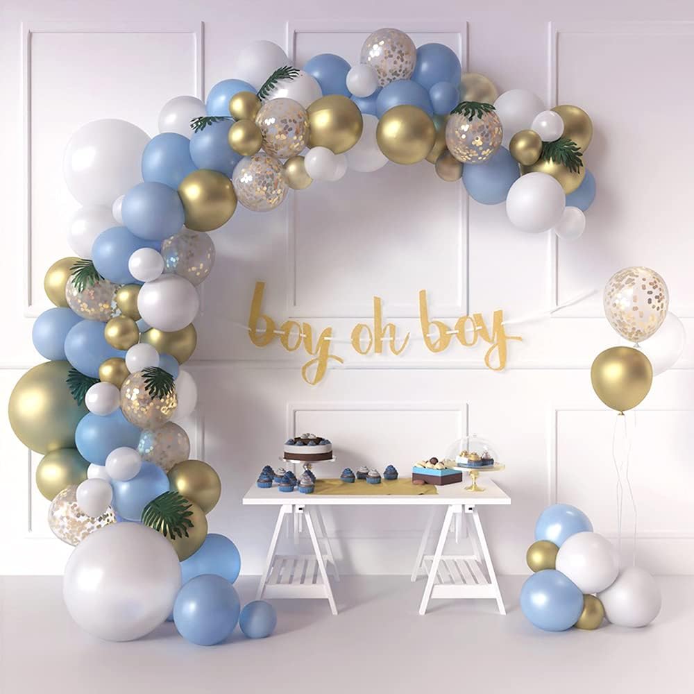 Blue Balloon Garland Kit with Greenery Leaves and 91 Balloons in Macaron Blue, White, and Gold Chrome for Boy Baby Showers, Birthdays, and Maternity Photoshoots