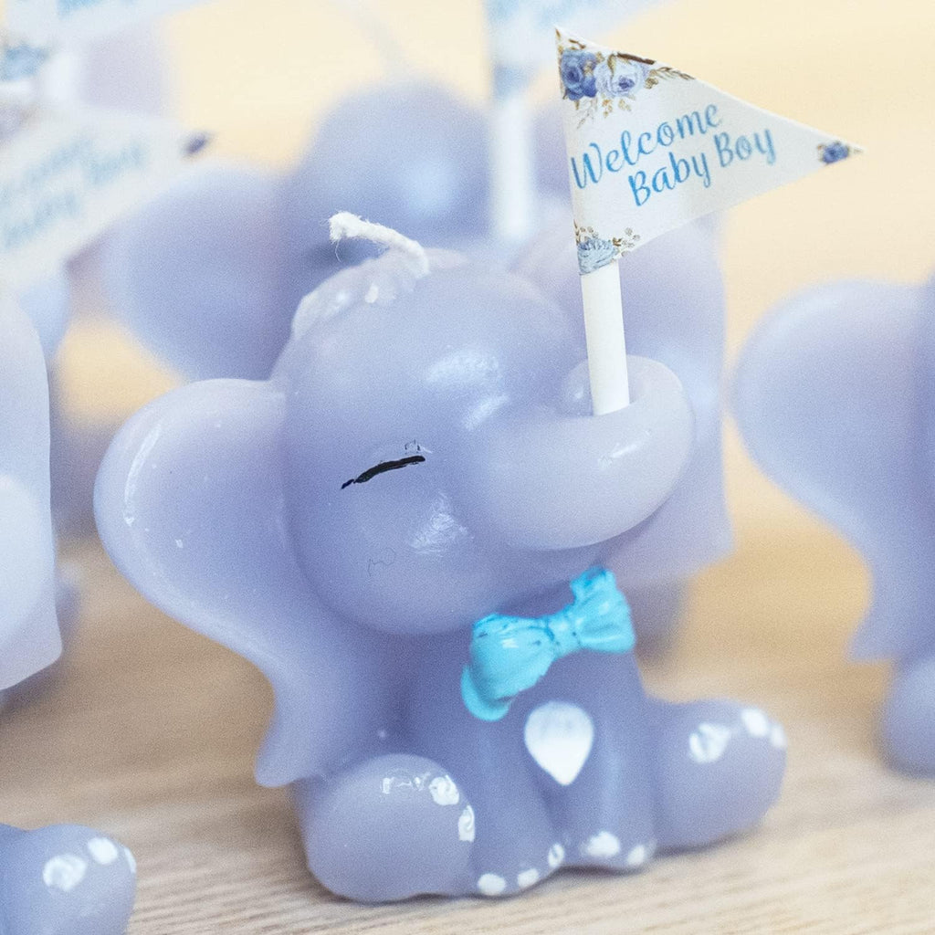 Blue Elephant Candles - Pack of 6 Small Party Favor Mini Souvenirs and Decorations for Boy's Baby Shower and Baptism