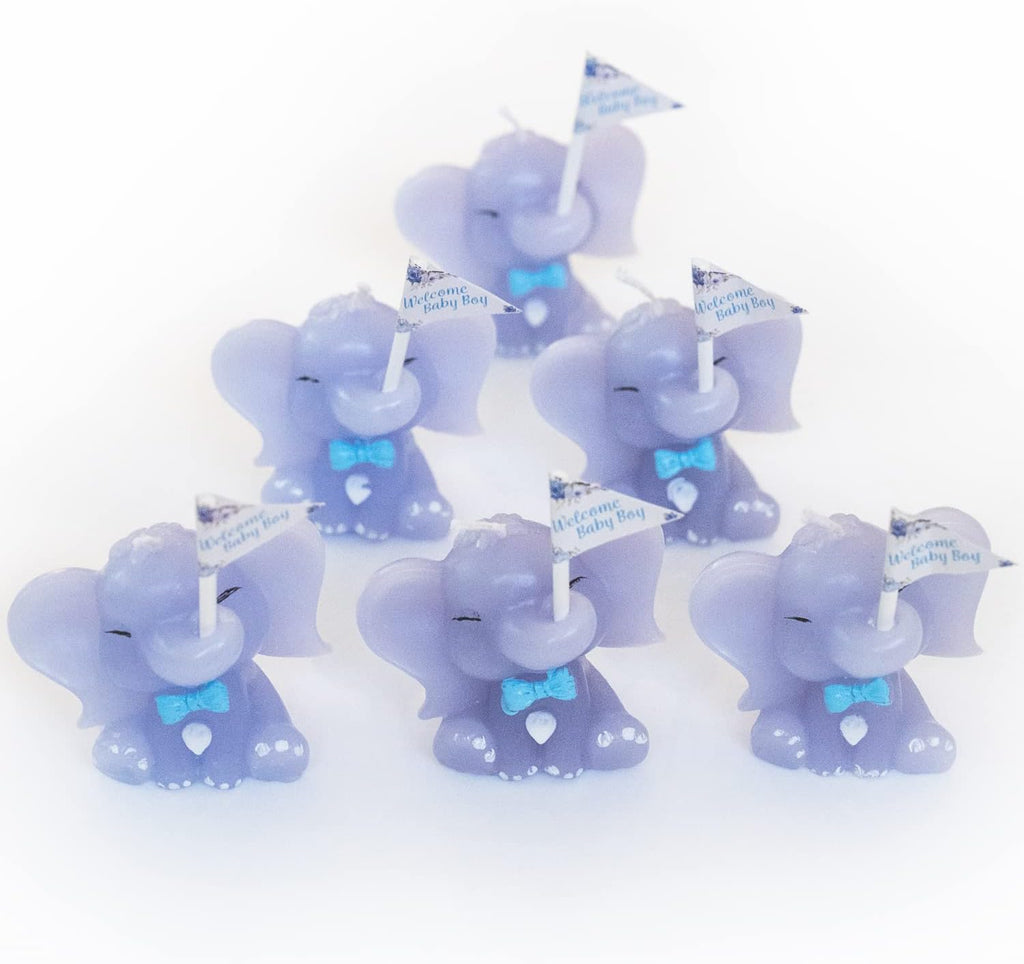 Blue Elephant Candles - Pack of 6 Small Party Favor Mini Souvenirs and Decorations for Boy's Baby Shower and Baptism