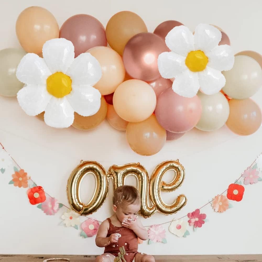 Daisy Balloon Garland Arch Kit with 111 Balloons and Flower Accents in Dusty Rose, Beige, Taupe, and Rose Gold for Boho Bridal Showers, Birthdays, and Girl Baby Showers