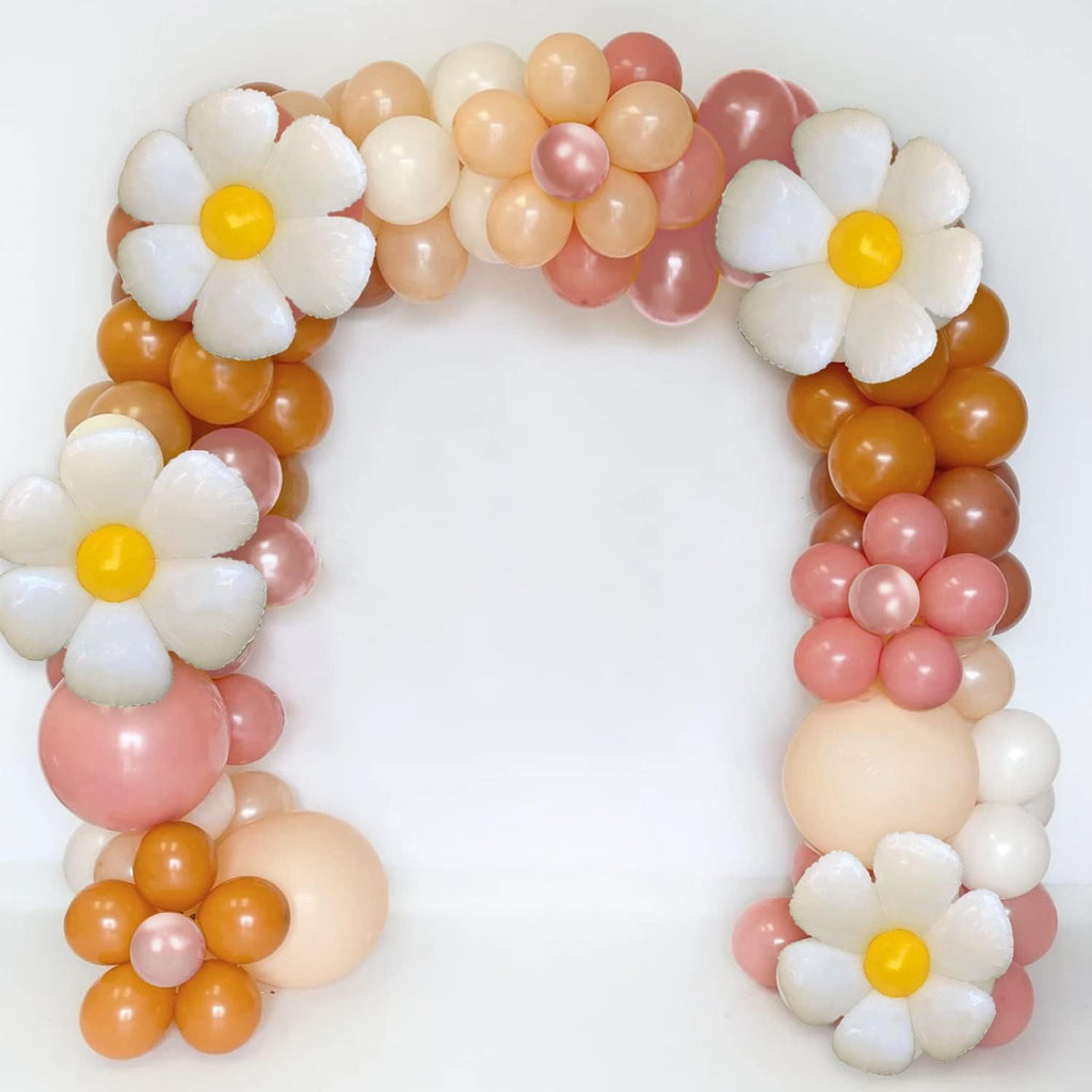 Daisy Balloon Garland Arch Kit with 111 Balloons and Flower Accents in Dusty Rose, Beige, Taupe, and Rose Gold for Boho Bridal Showers, Birthdays, and Girl Baby Showers