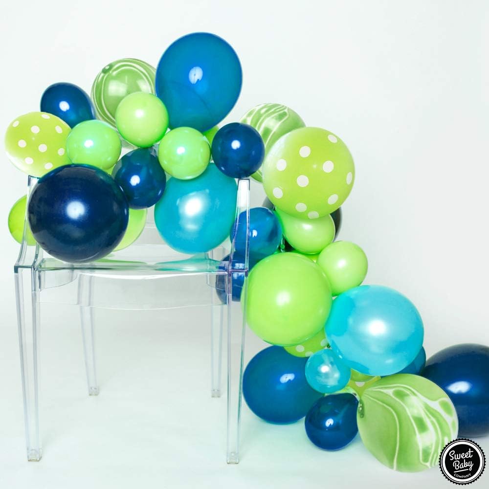 Dinosaur Balloon Garland Kit with 82 Balloons in Green Marble, Bright teal, Deep Navy, and Lime Green for Baby Boy Shower Decorations and Jungle Birthday Celebrations