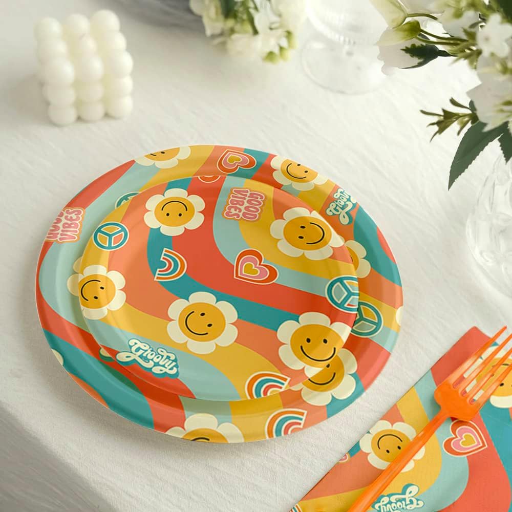 Retro Hippie Vibes Baby Shower Tableware Set - 24 Plates, Napkins, Forks for Boy or Girl Birthday and Baby Shower Decorations