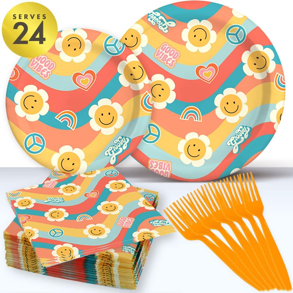 Retro Hippie Vibes Baby Shower Tableware Set - 24 Plates, Napkins, Forks for Boy or Girl Birthday and Baby Shower Decorations