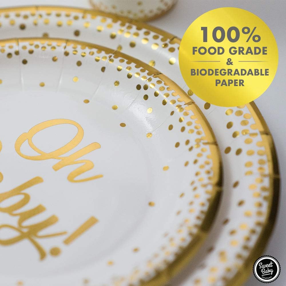 Classic Gold Baby Shower Tableware Set - 24 Plates, Napkins, and Cups for Boy or Girl Birthdays, Bridal Showers, Weddings, and Baby Shower Party Supply