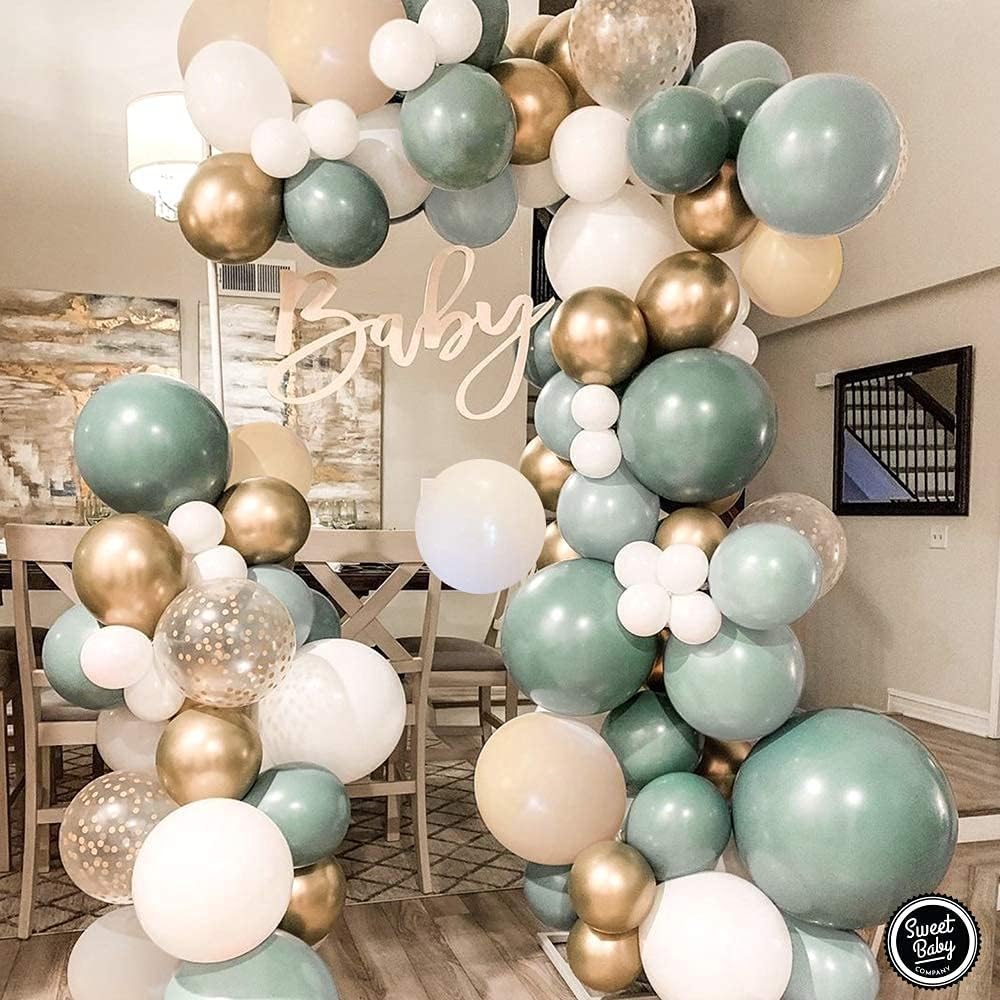 Sage Green Balloon Garland Kit with Leafy Foliage Accessories and 127 Balloons in Sage, Peach, White, and Gold Metallic for Gender Neutral Baby Showers and Tropical Party Decorations