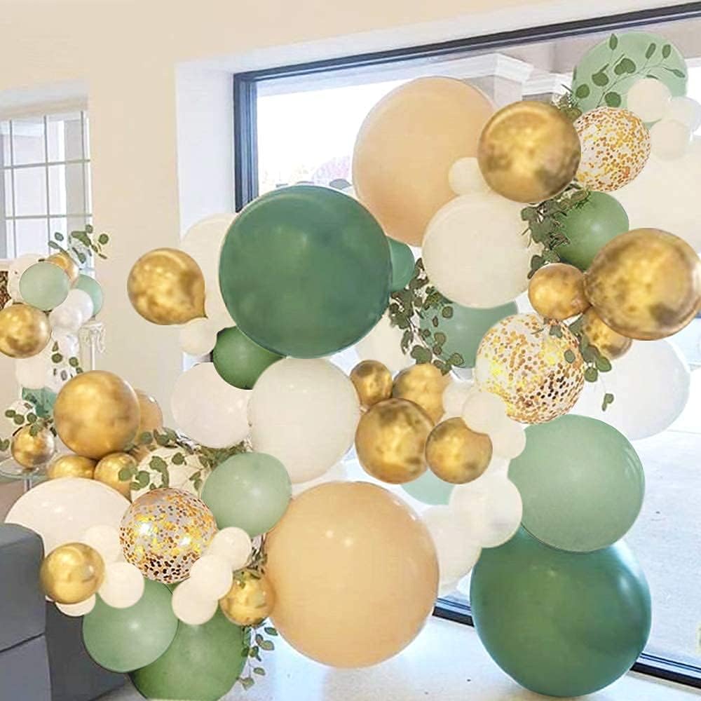 Sage Green Balloon Garland Kit with Leafy Foliage Accessories and 127 Balloons in Sage, Peach, White, and Gold Metallic for Gender Neutral Baby Showers and Tropical Party Decorations
