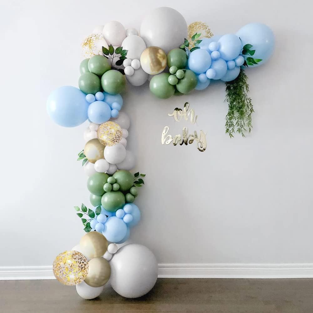 Sage Green and Blue Balloon Garland Kit with 127 Balloons in Dark and Light Sage, Dusty Light Blue, Pearl White, and Gold Metallic for Birthdays, Weddings, and Boy Baby Showers