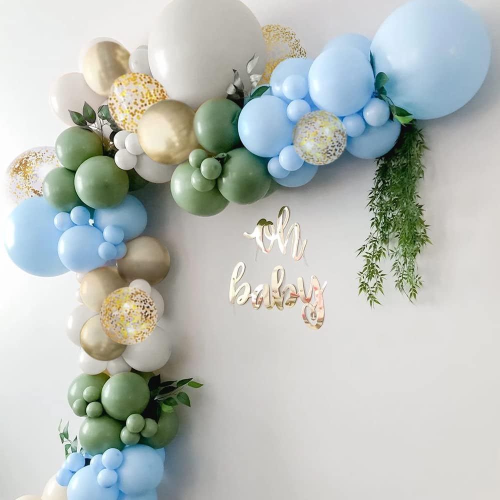 Sage Green and Blue Balloon Garland Kit with 127 Balloons in Dark and Light Sage, Dusty Light Blue, Pearl White, and Gold Metallic for Birthdays, Weddings, and Boy Baby Showers