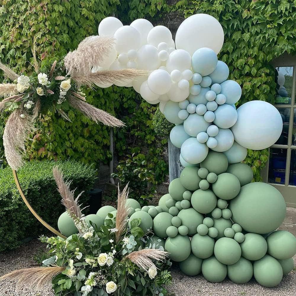 Sage Green and Blue Balloon Garland Kit with 127 Balloons in Dark and Light Sage, Dusty Light Blue, Pearl White, and Gold Metallic for Birthdays, Weddings, and Boy Baby Showers