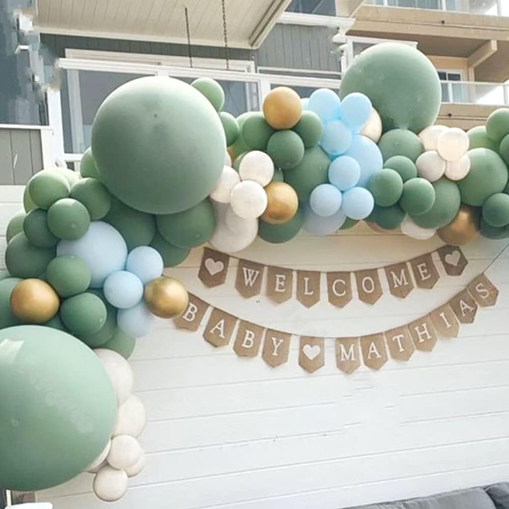 Sage Green and Blue Balloon Garland Kit with 127 Balloons in Dark and Light Sage, Dusty Light Blue, Pearl White, and Gold Metallic for Birthdays, Weddings, and Boy Baby Showers