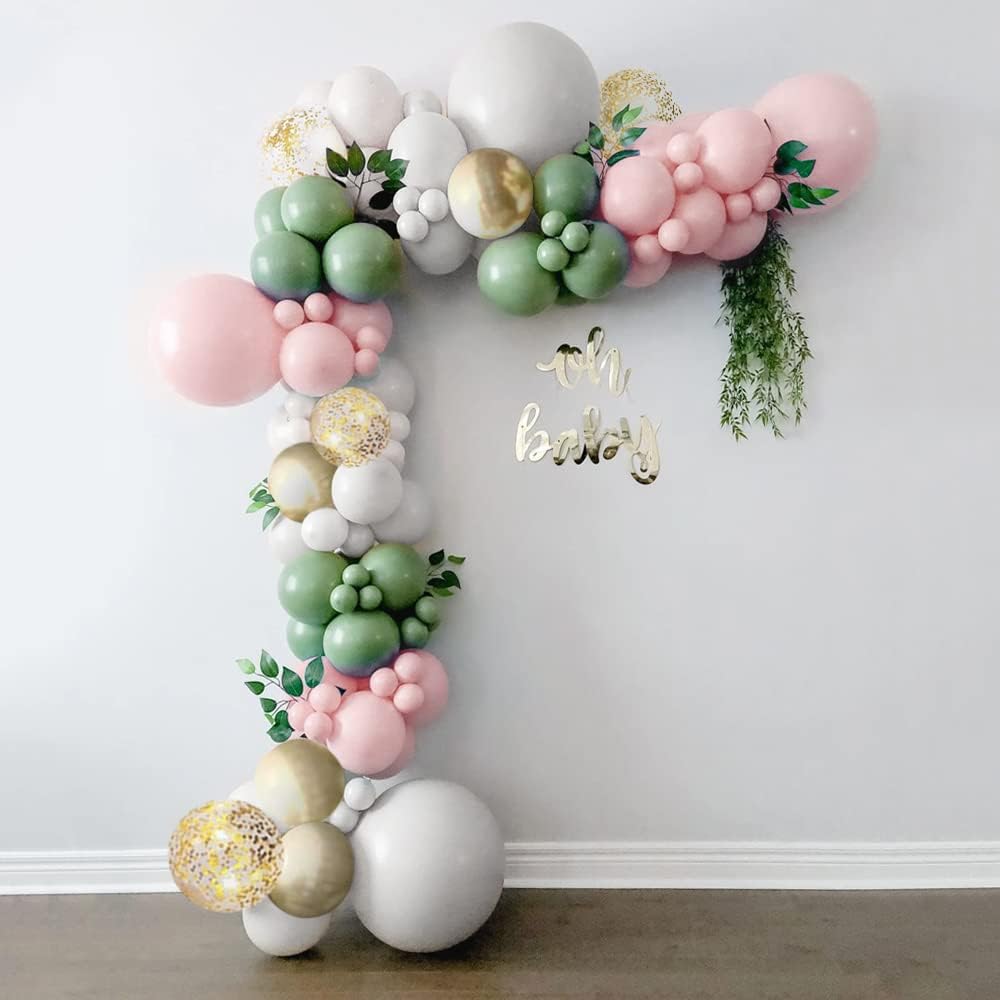 Sage Green and Pink Balloon Garland Kit with 139 Balloons in Dark Sage, Matte and Pearl White, Powder Pink, and Gold Metallic for Bridal Showers, Weddings, and Girl Baby Showers