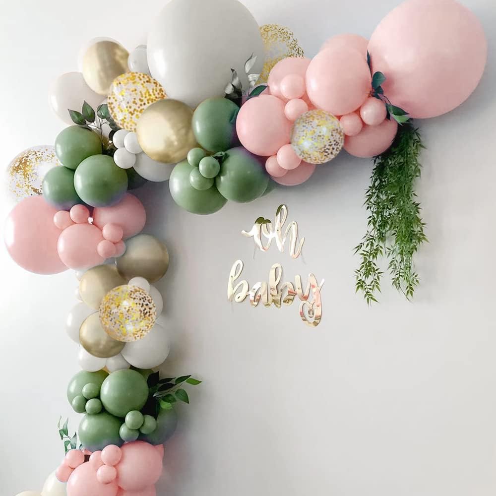 Sage Green and Pink Balloon Garland Kit with 139 Balloons in Dark Sage, Matte and Pearl White, Powder Pink, and Gold Metallic for Bridal Showers, Weddings, and Girl Baby Showers