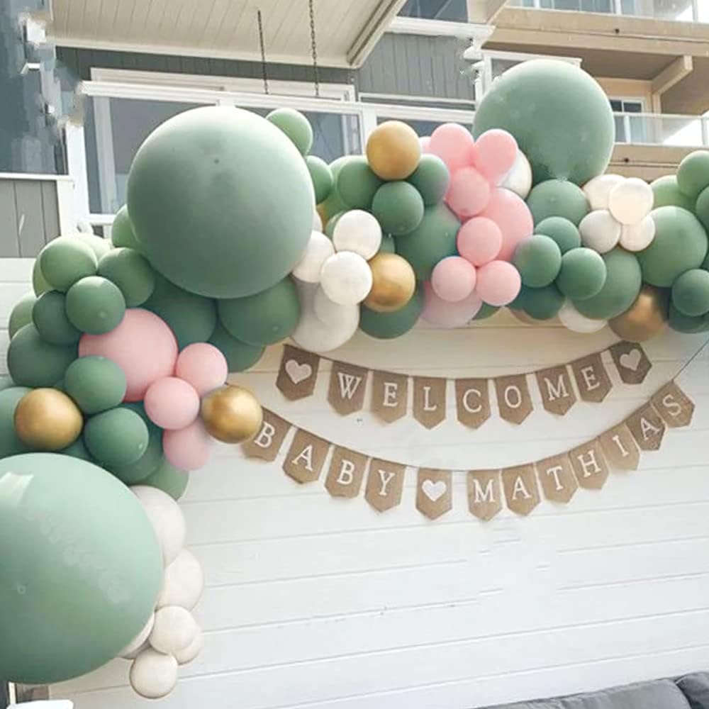 Sage Green and Pink Balloon Garland Kit with 139 Balloons in Dark Sage, Matte and Pearl White, Powder Pink, and Gold Metallic for Bridal Showers, Weddings, and Girl Baby Showers