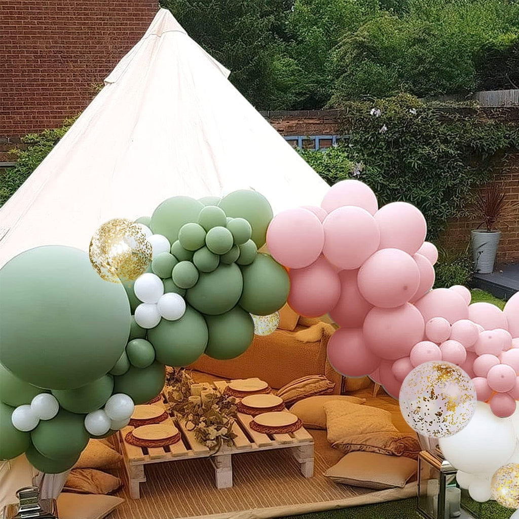 Sage Green and Pink Balloon Garland Kit with 139 Balloons in Dark Sage, Matte and Pearl White, Powder Pink, and Gold Metallic for Bridal Showers, Weddings, and Girl Baby Showers