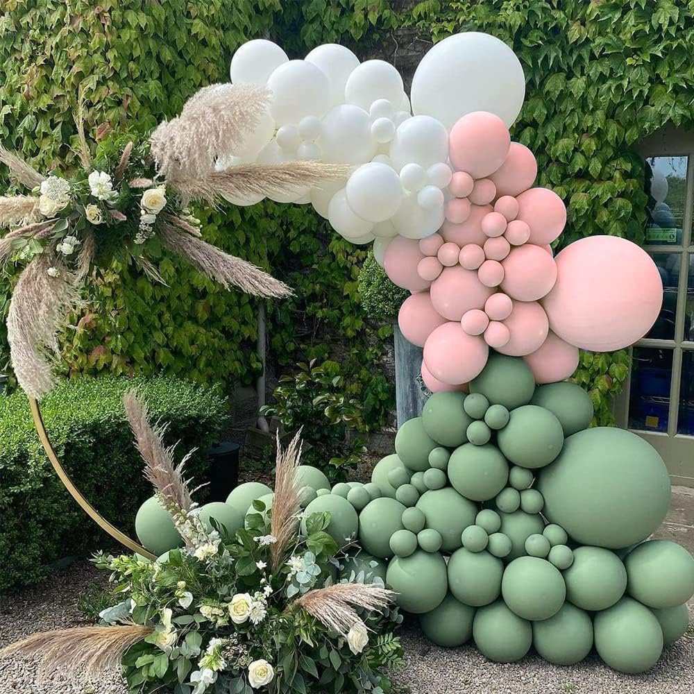 Sage Green and Pink Balloon Garland Kit with 139 Balloons in Dark Sage, Matte and Pearl White, Powder Pink, and Gold Metallic for Bridal Showers, Weddings, and Girl Baby Showers