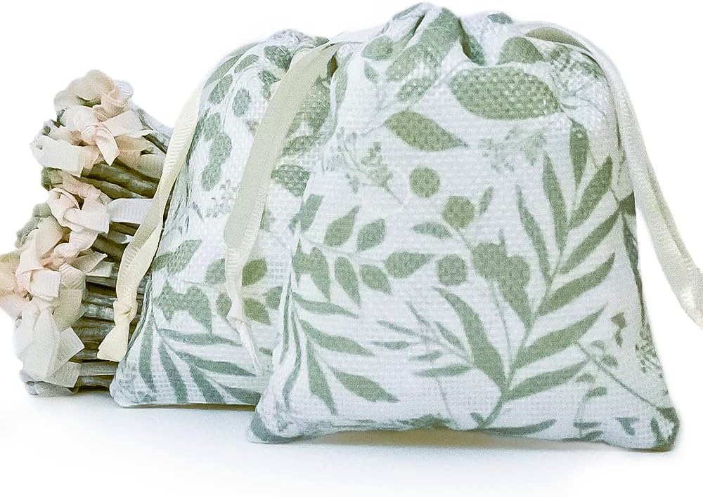25-Piece Greenery Eucalyptus Drawstring Party Favor Bags for Little Gifts and Treats for Baby Showers, Weddings, Bridal Showers, Birthdays