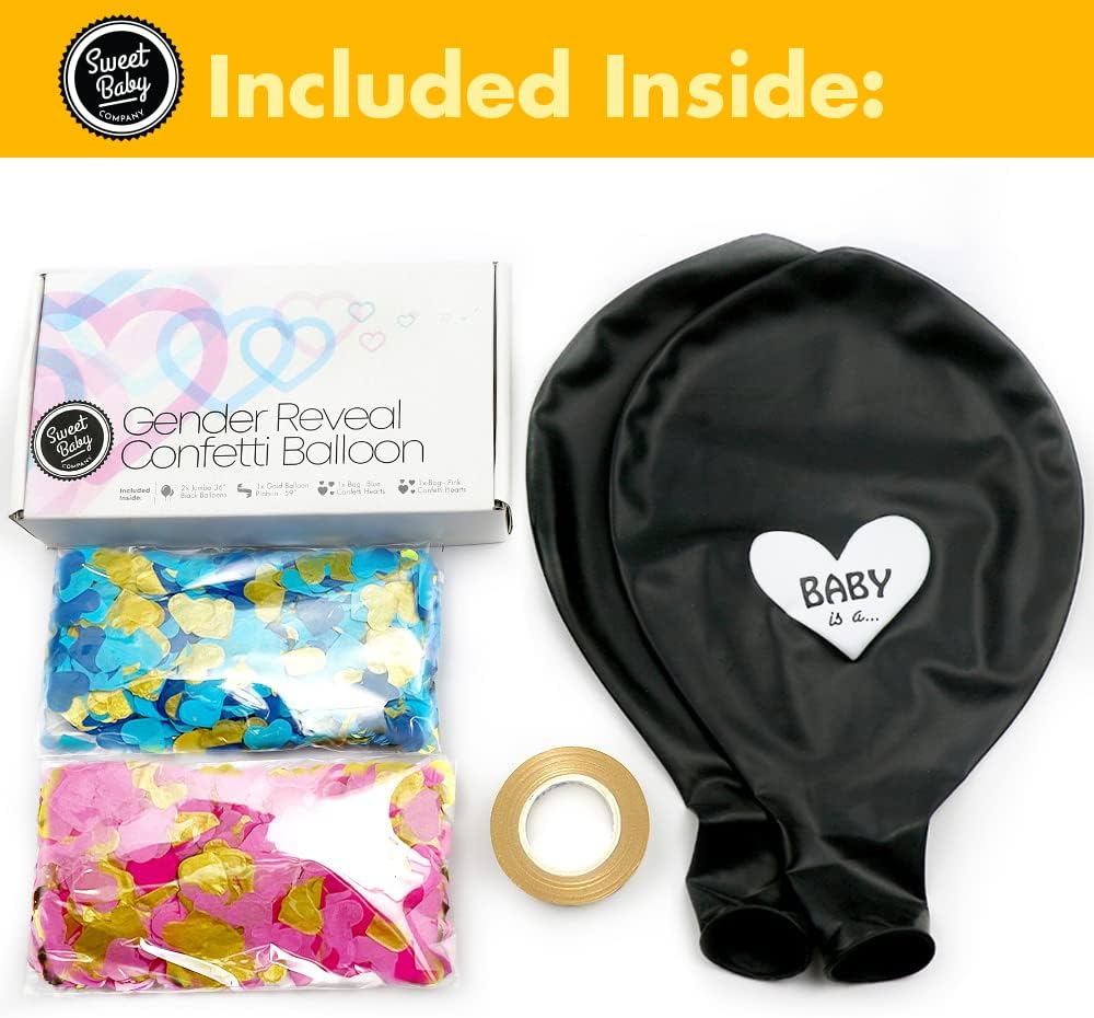 Jumbo 36 Inch Baby Gender Reveal Balloon Kit with Pink and Blue Heart Shape Confetti Packs for Boy or Girl Baby Shower and Gender Reveal Party