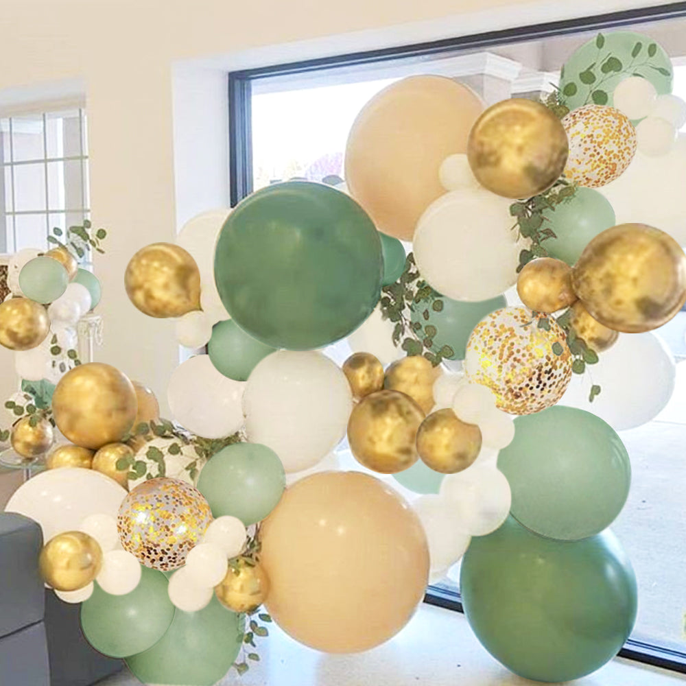 Sweet Baby Co. Sage Green Balloon Garland Arch Kit with Eucalyptus Olive, Peach, White, Gold Balloons and Greenery