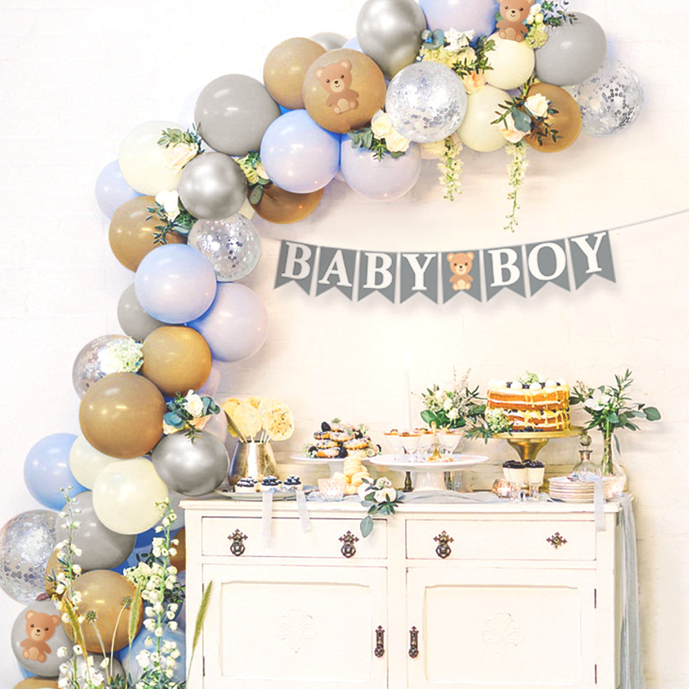 Teddy Bear Baby Shower Decorations for Boy with Balloon Garland Arch Kit, Baby Boy Banner, Small Teddy Bear Theme Decor, Blue Brown Ivory Gray Silver Balloons