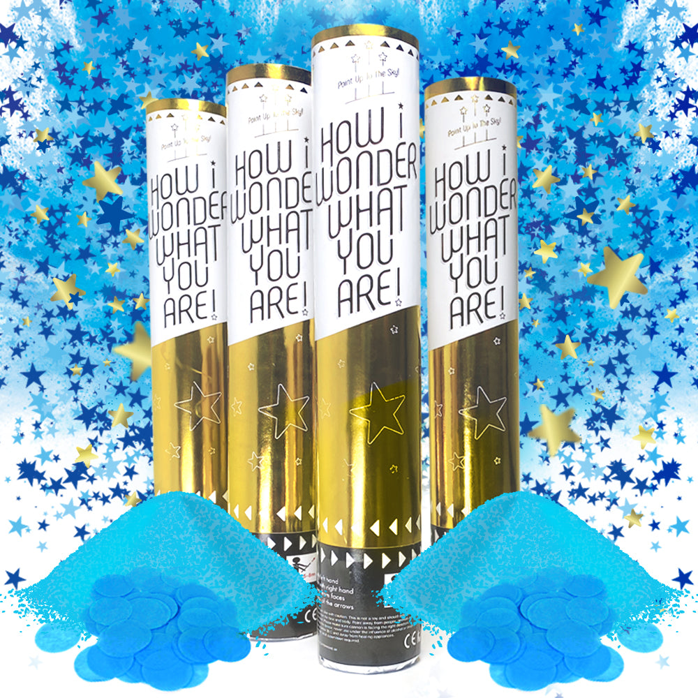 Set of 4 Gender Reveal Cannons in Blue Color Powder and Confetti for Baby Boy Reveals, Photo Shoots, and Videos