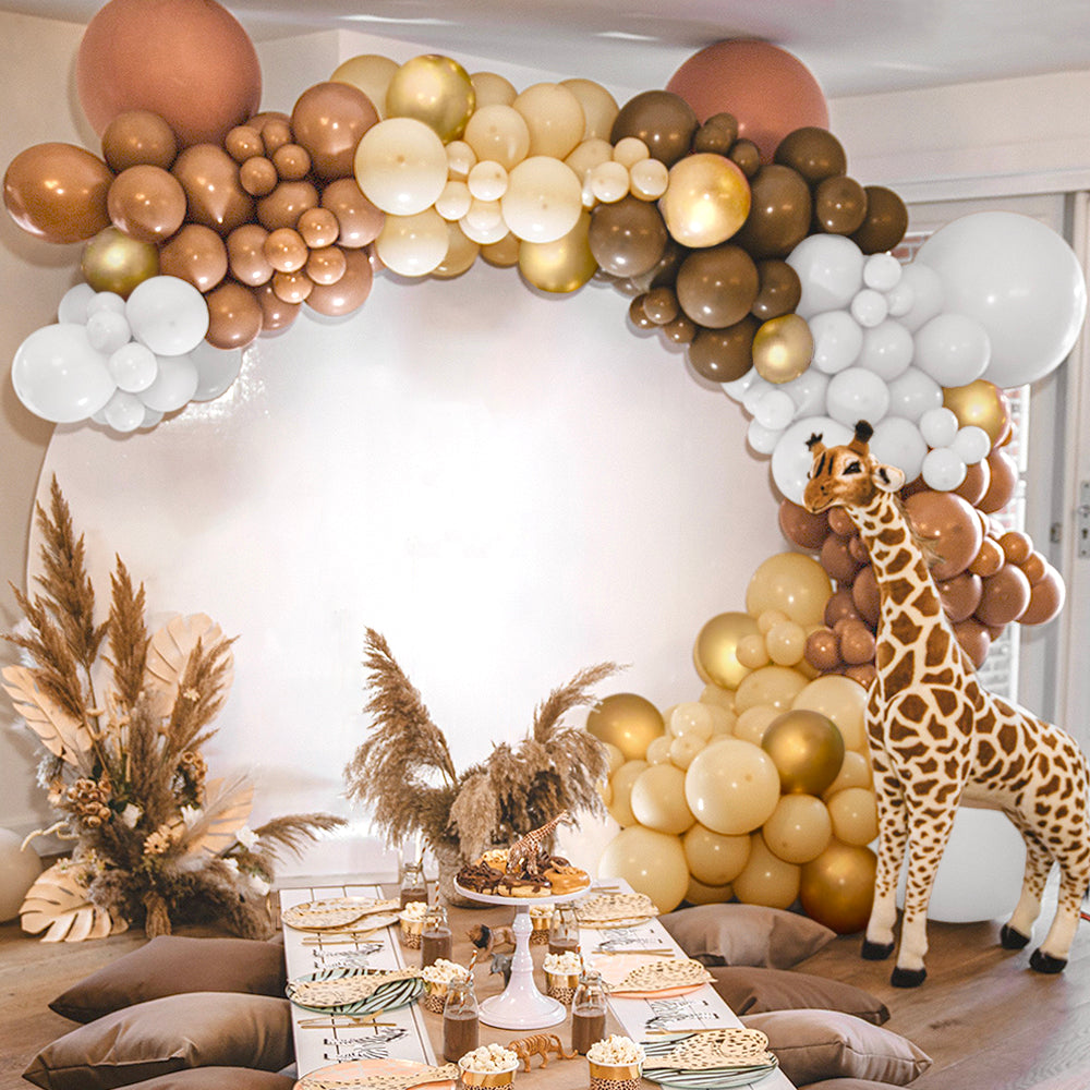 Brown Balloon Garland Kit with 118 Balloons in Matte White, Light and Dark Brown, Khaki and Gold Metallic for Boho Baby Showers and Safari Themed Party Decorations