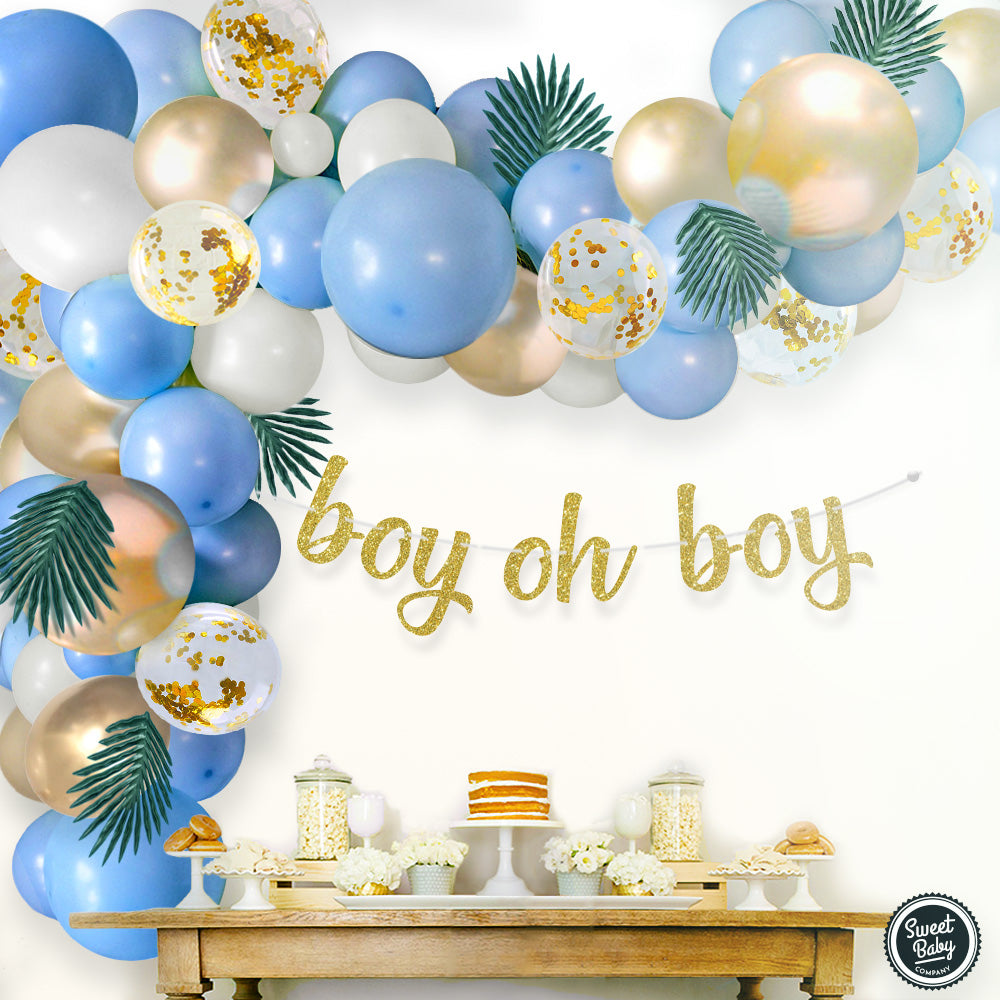 Blue Balloon Garland Kit with Greenery Leaves and 91 Balloons in Macaron Blue, White, and Gold Chrome for Boy Baby Showers, Birthdays, and Maternity Photoshoots