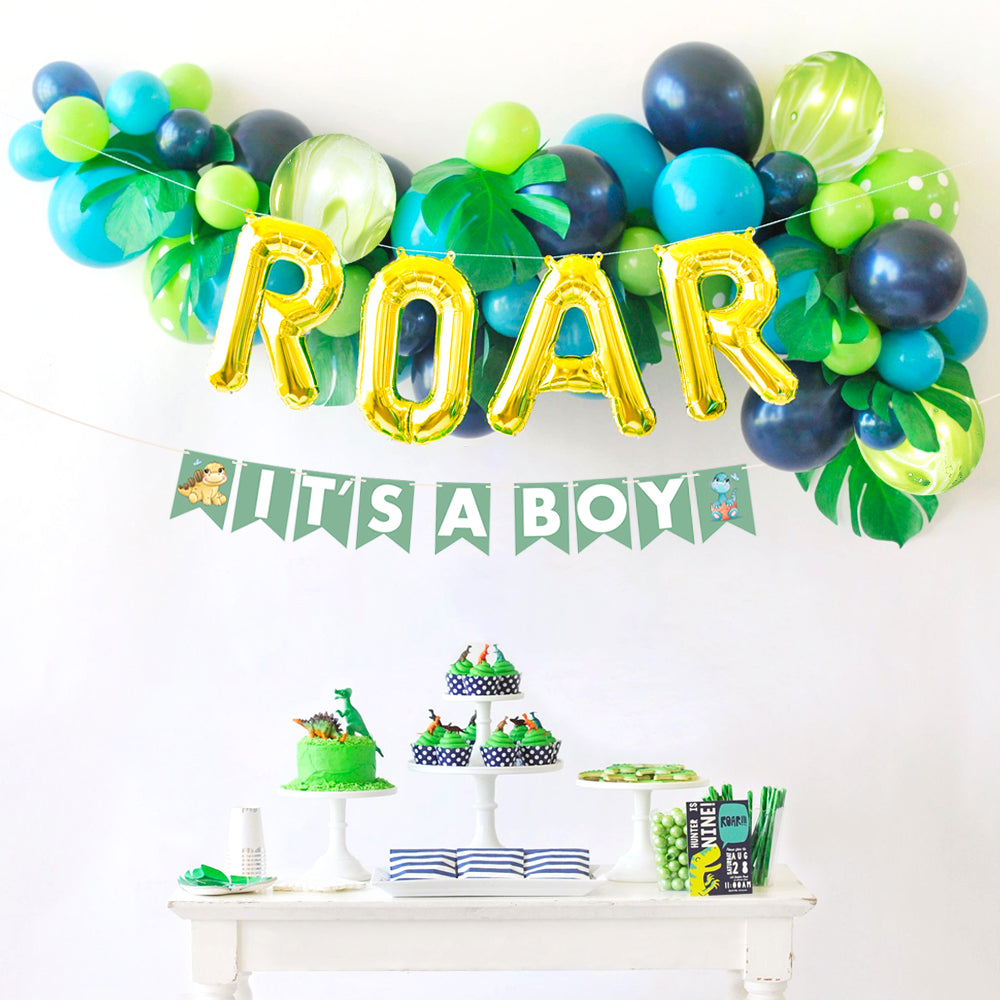 Dinosaur Balloon Garland Kit with 82 Balloons in Green Marble, Bright teal, Deep Navy, and Lime Green for Baby Boy Shower Decorations and Jungle Birthday Celebrations