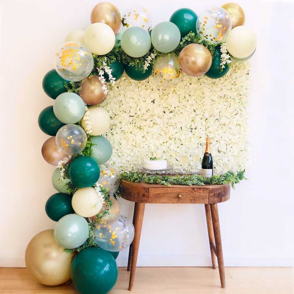 Sweet Baby Co. Sage Green Balloon Garland Arch Kit with Eucalyptus Olive, Jungle Green, Ivory White, Gold Balloons and Greenery for Forest Safari Earth Tropical Theme Decorations Baby Bridal Shower Birthday Party