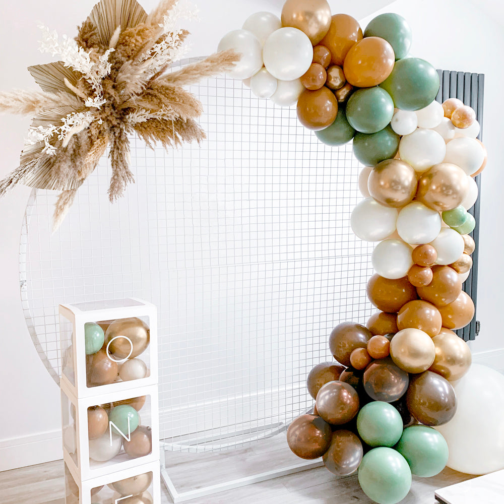 Sage and Earthy Brown Balloon Garland Kit with 95 Balloons in Pearl White, Sage, Cocoa Brown, and Gold Chrome for Woodland Boy or Girl Baby Showers and Safari Jungle Party Decorations