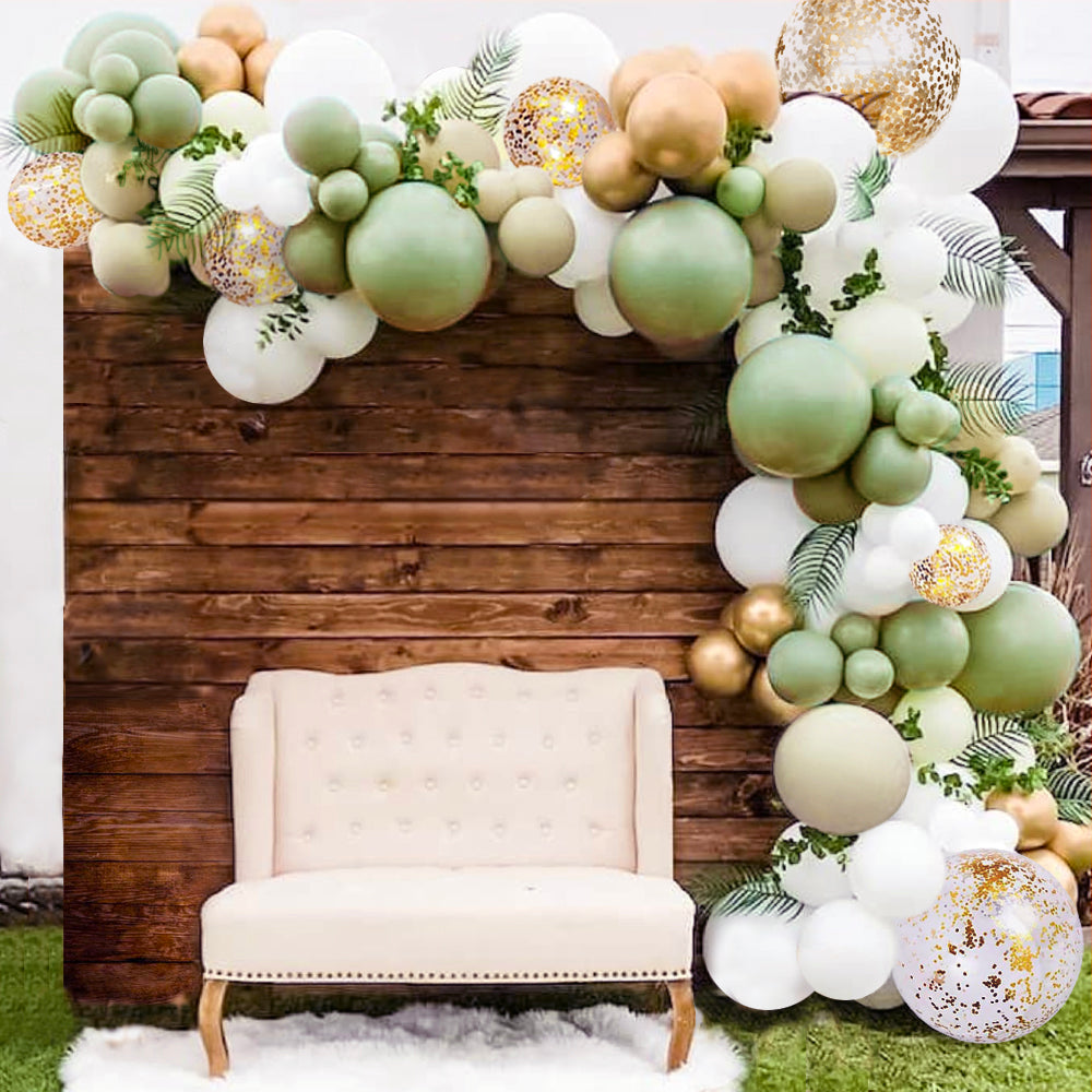Sage Green Balloon Garland Kit for Neutral Arch with Matte Sage Olive, Taupe, White, Gold Metallic, Confetti Balloons for Baby Shower, Eucalyptus Party Decorations