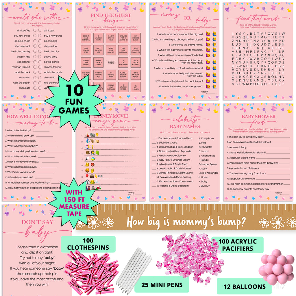 Baby Girl Shower Games Bundle with 10 Fun Games, 25 Pens, 100 Mini Acrylic Pacifiers, Clothespins, and 12 Pink Balloons for Baby Shower Celebrations