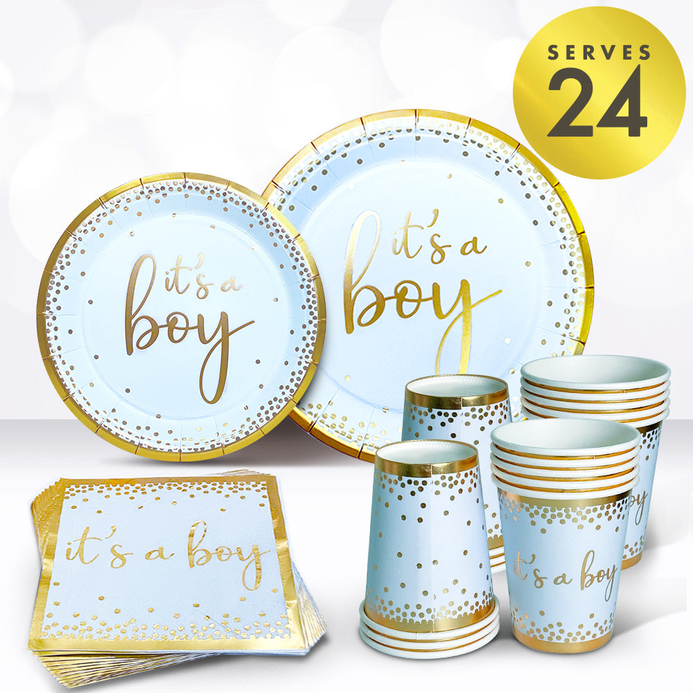 Matte Blue Gold Baby Shower Tableware Set - 24 Plates, Napkins, and Cups for Baby Boy Birthdays, Gender Reveals, and Baby Shower Party Supply
