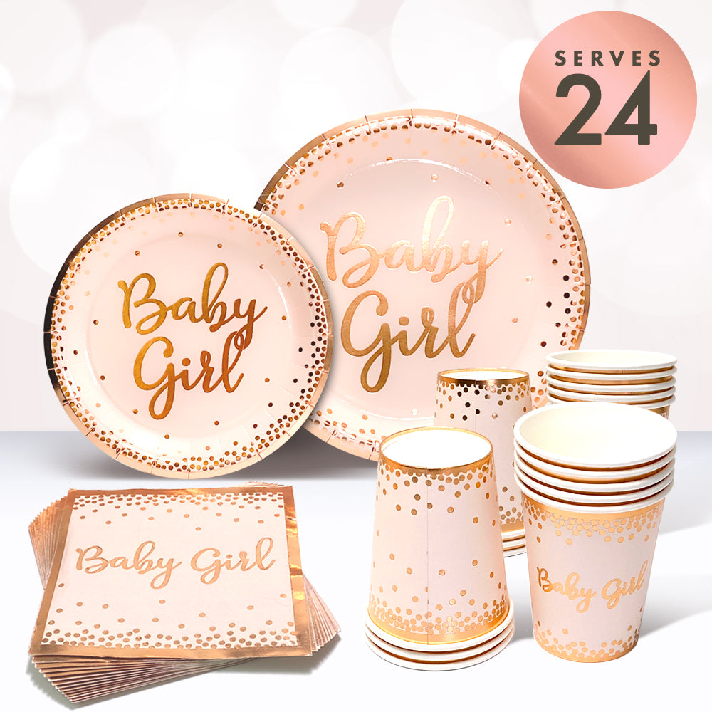 Rose Gold Pink Baby Shower Tableware Set - 24 Plates, Napkins, and Cups for Baby Girl Birthdays, Bridal Showers, Weddings, and Baby Shower Party Supply