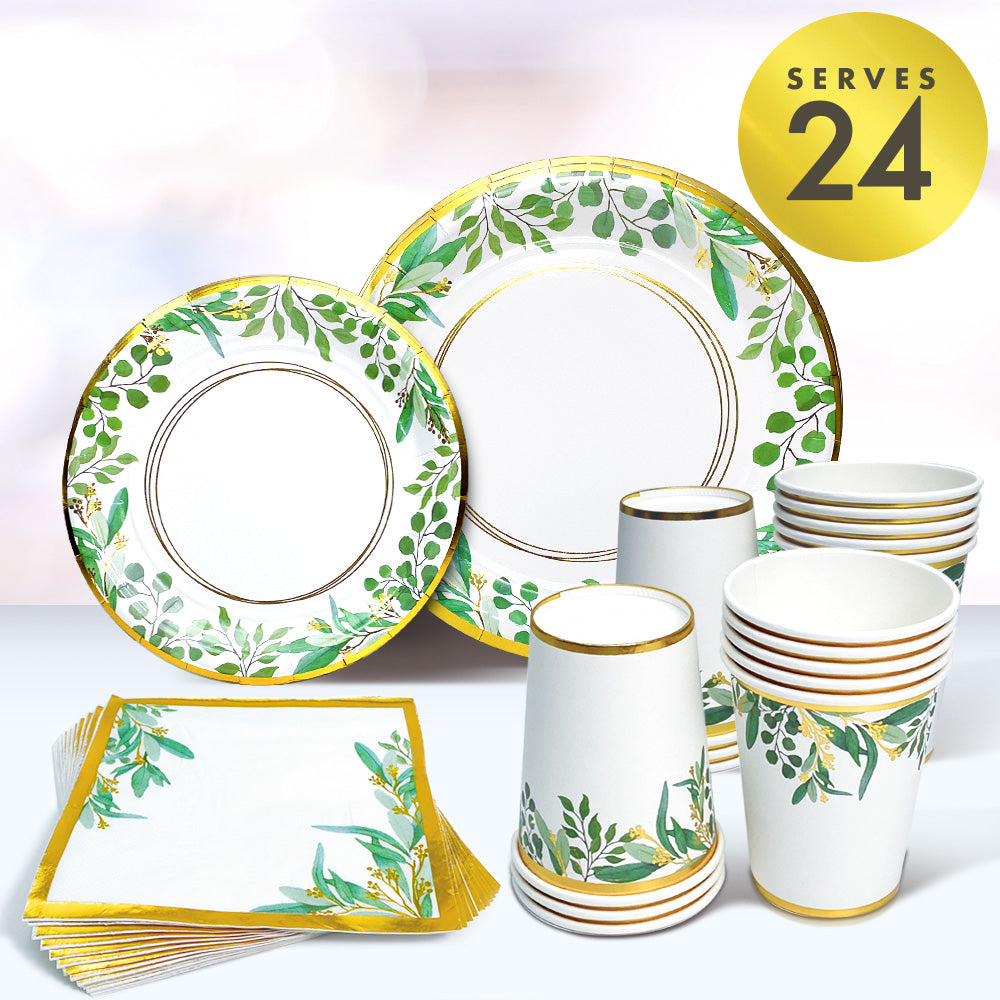 Sage Greenery Plates for 24 Jungle Theme Boho Party Supplies Bridal Baby Shower Napkins Boy Girl Paper Plate Napkin and Cups Safari Birthday Wedding Decorations Floral Gold Leaf Decor