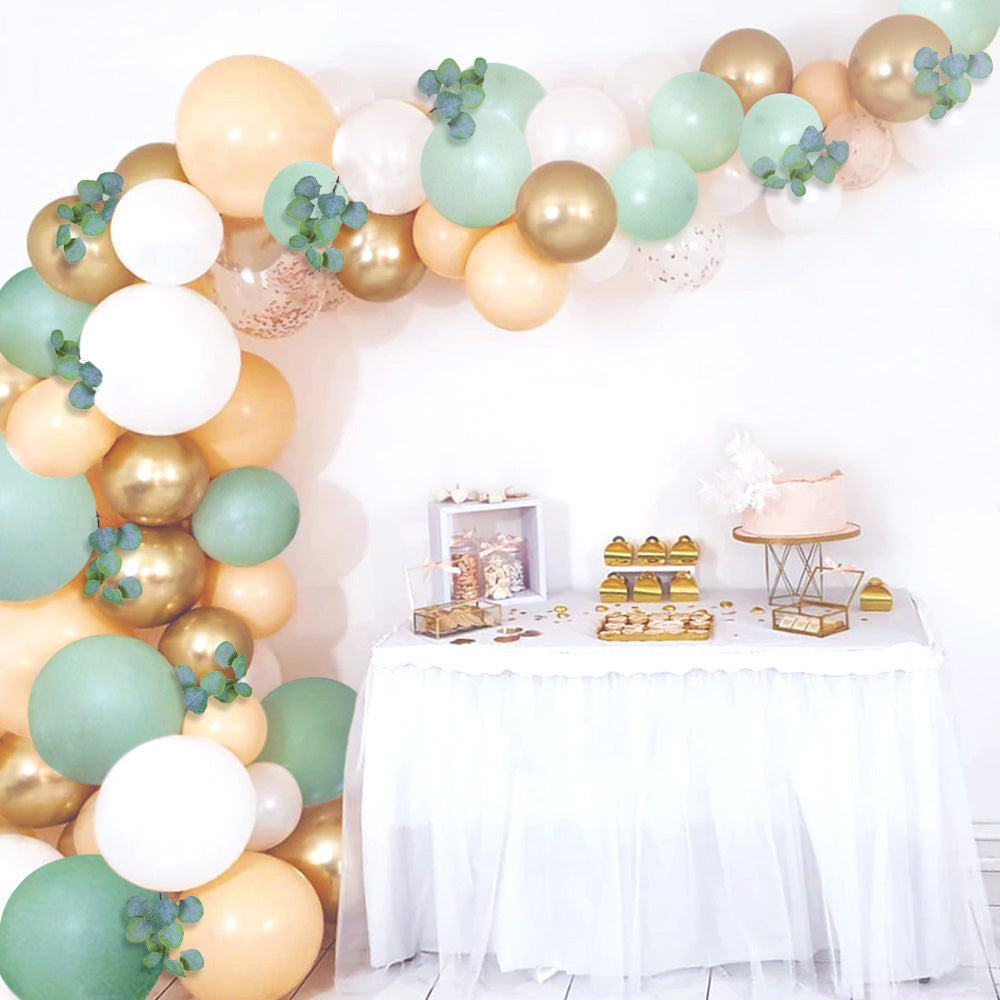 Sweet Baby Co. Sage Green Balloon Garland Arch Kit with Eucalyptus Olive, Peach, White, Gold Balloons and Greenery