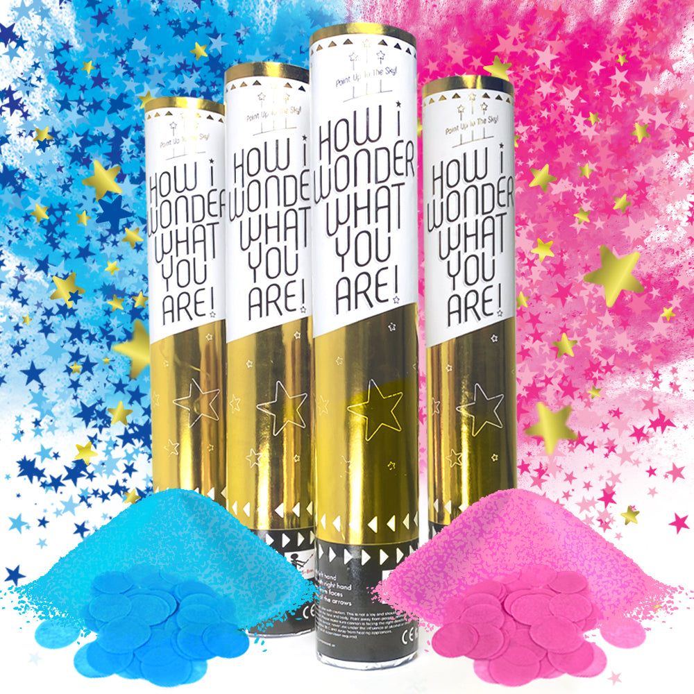 Set of 4 Gender Reveal Cannons in Pink and Blue Color Powder and Confetti for Baby Girl or Boy Reveals, Photo Shoots, and Videos