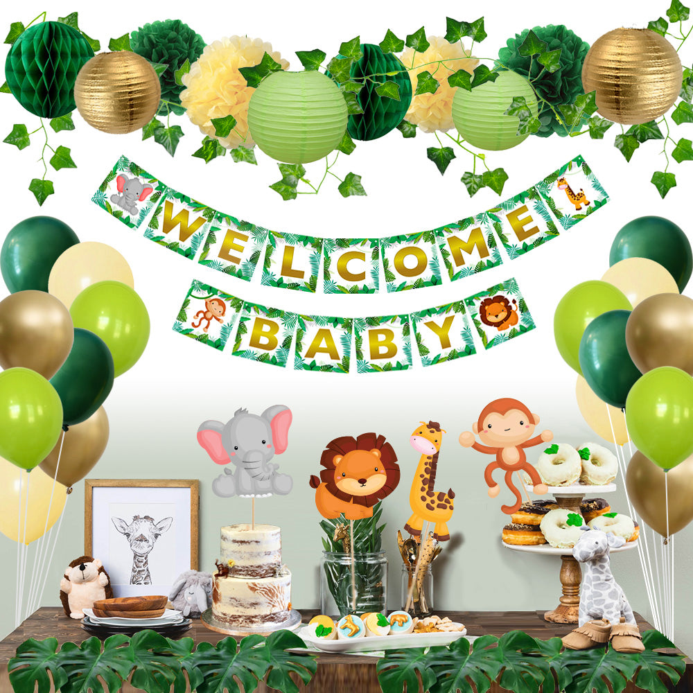 Safari Jungle Themed Baby Shower Decorations with Banner, Animal Centerpieces, Greenry Accessories, Balloons and Lanterns for Baby Shower and Gender Reveals