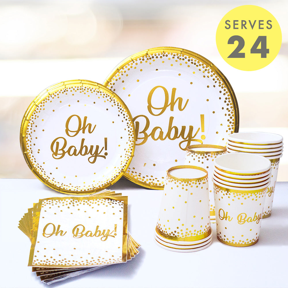 Classic Gold Baby Shower Tableware Set - 24 Plates, Napkins, and Cups for Boy or Girl Birthdays, Bridal Showers, Weddings, and Baby Shower Party Supply