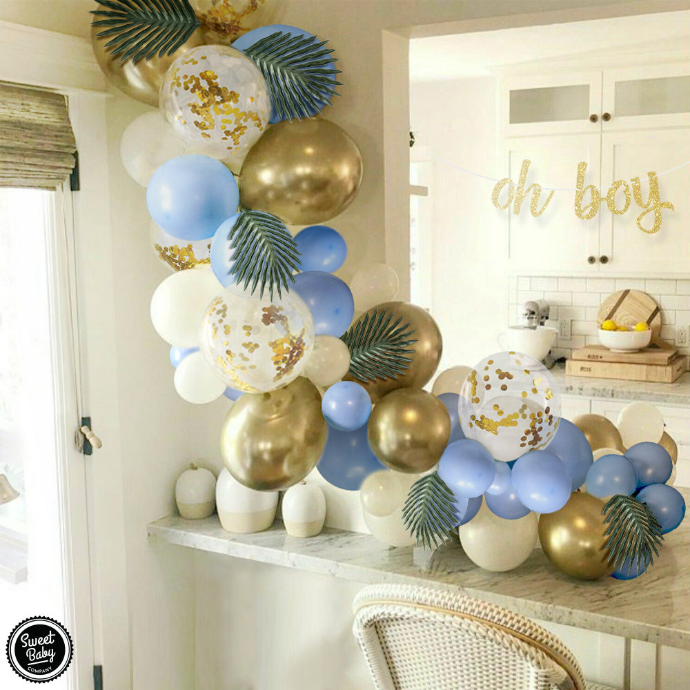 Blue Balloon Garland Kit with Greenery Leaves and 91 Balloons in